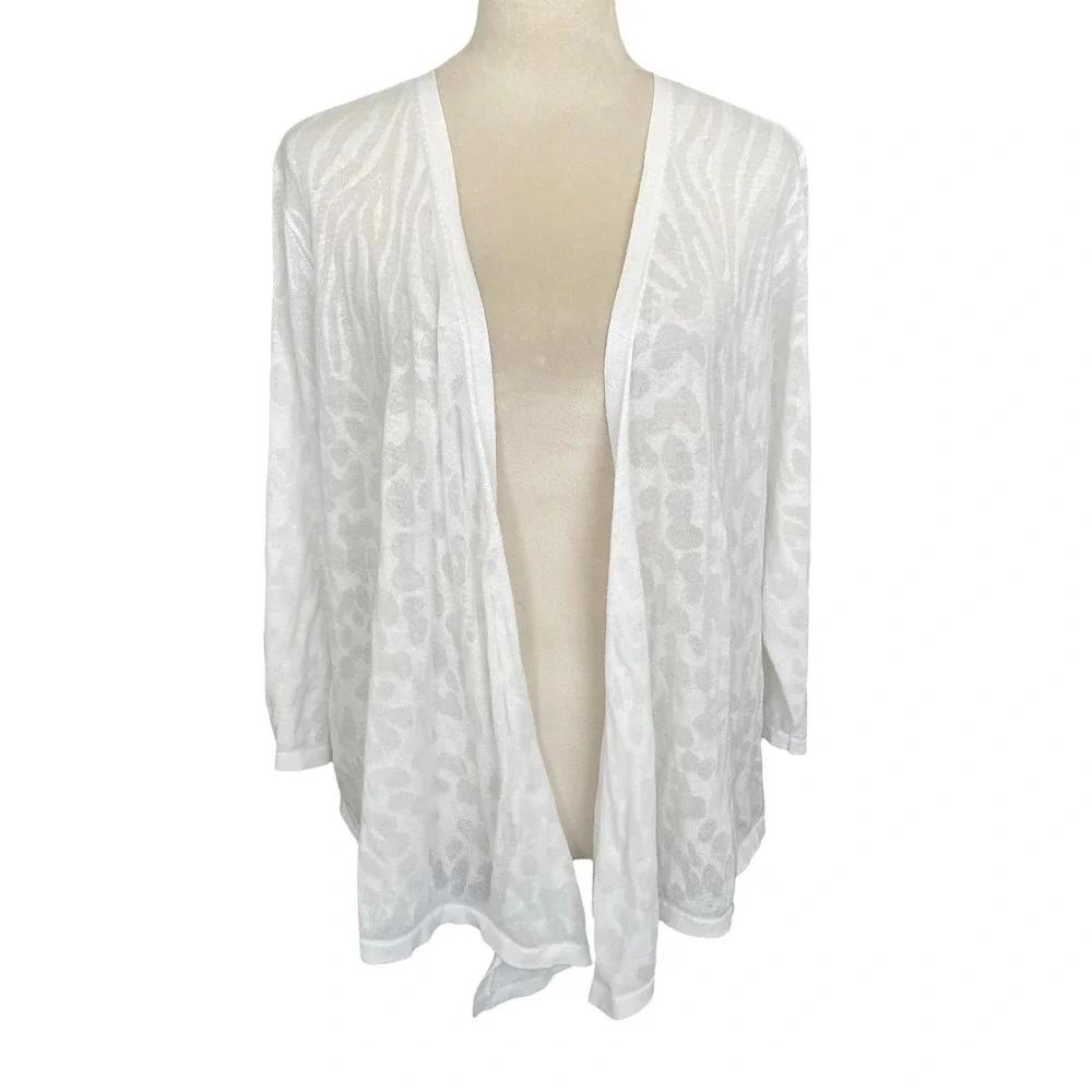 Chicos White Animal Prnt Semi Sheer Open Front Cardigan XL 3 Resort Coastal Chic